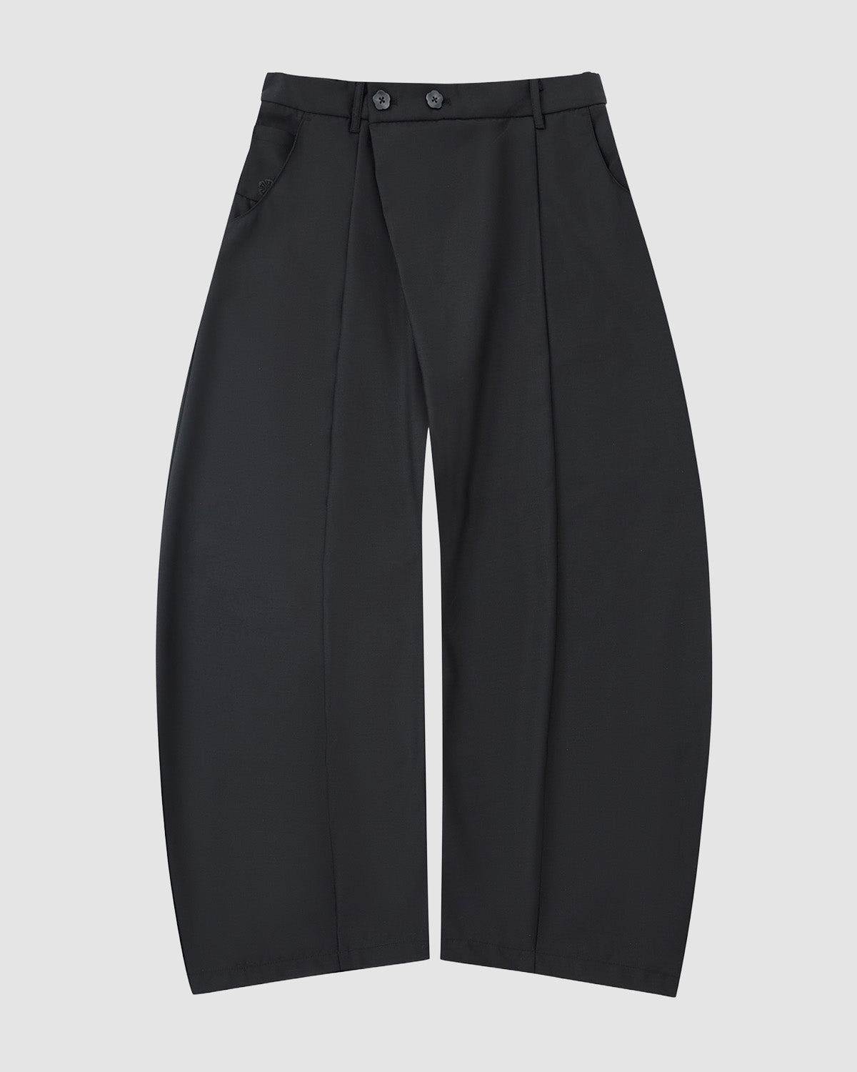 Sundae School’s BLACK PLEATED HANBOK SLACKS are wide-leg, high-waisted black wool pants with double-button closure, pleats, side pockets, and a relaxed fit—modern unisex style shown on a plain light gray background.