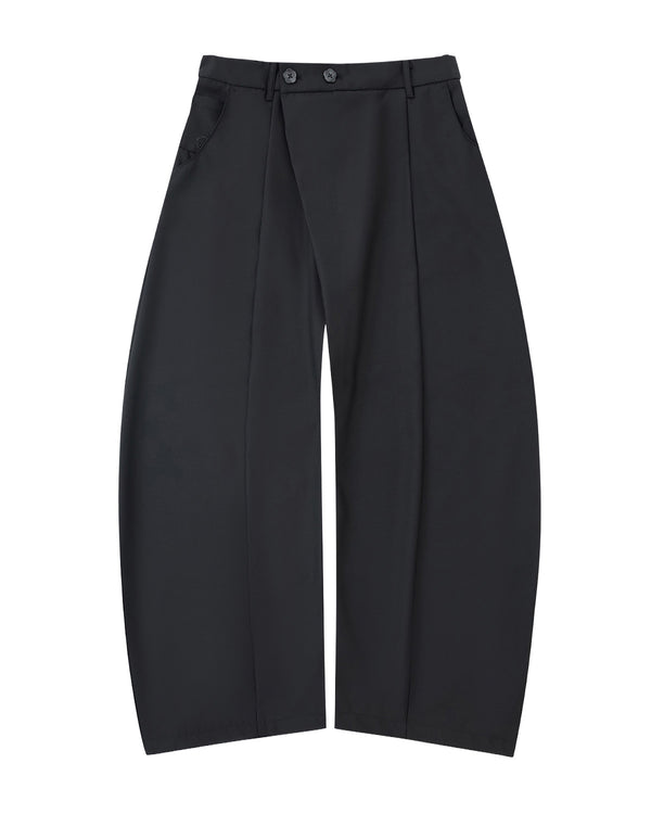 Sundae School’s BLACK PLEATED HANBOK SLACKS are wide-leg, high-waisted black wool pants with double-button closure, pleats, side pockets, and a relaxed fit—modern unisex style shown on a plain light gray background.