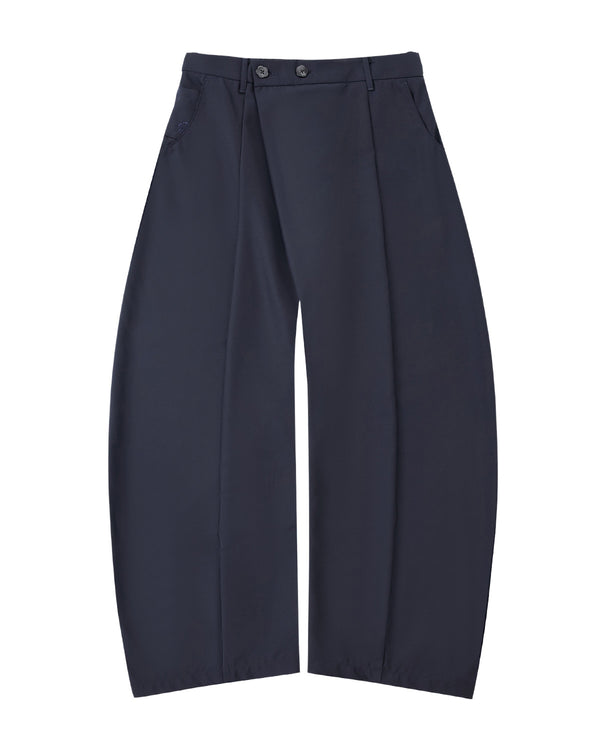 NAVY PLEATED HANBOK SLACKS by Sundae School: high-waisted wide-leg pants in navy wool blend, featuring front pleats, side pockets, and two buttons at the waistband, displayed flat on a white background.