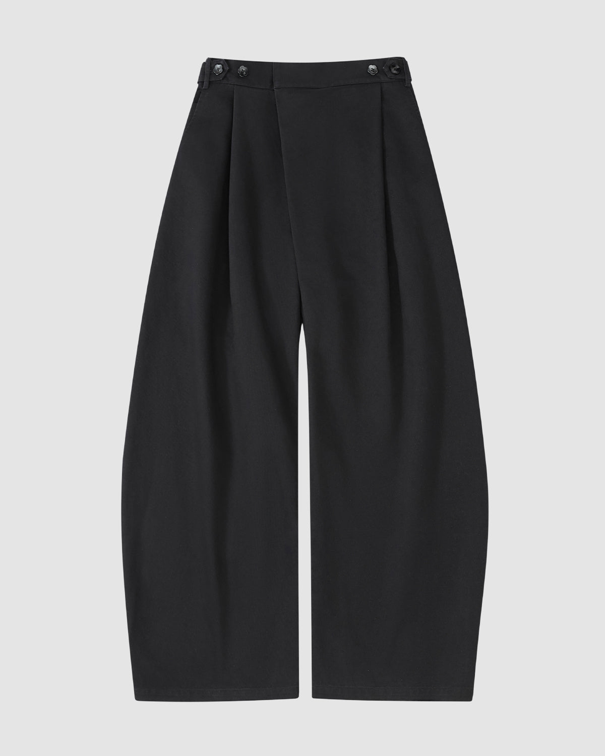 The BLACK HANBOK CHINO PANTS by Sundae School are wide-leg, high-waisted unisex chinos with front pleats and button details, featuring a hanbok-inspired silhouette. Shown laid flat on a white background.