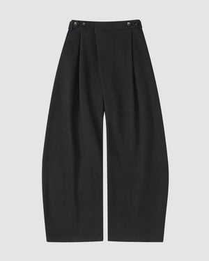 The BLACK HANBOK CHINO PANTS by Sundae School are wide-leg, high-waisted unisex chinos with front pleats and button details, featuring a hanbok-inspired silhouette. Shown laid flat on a white background.