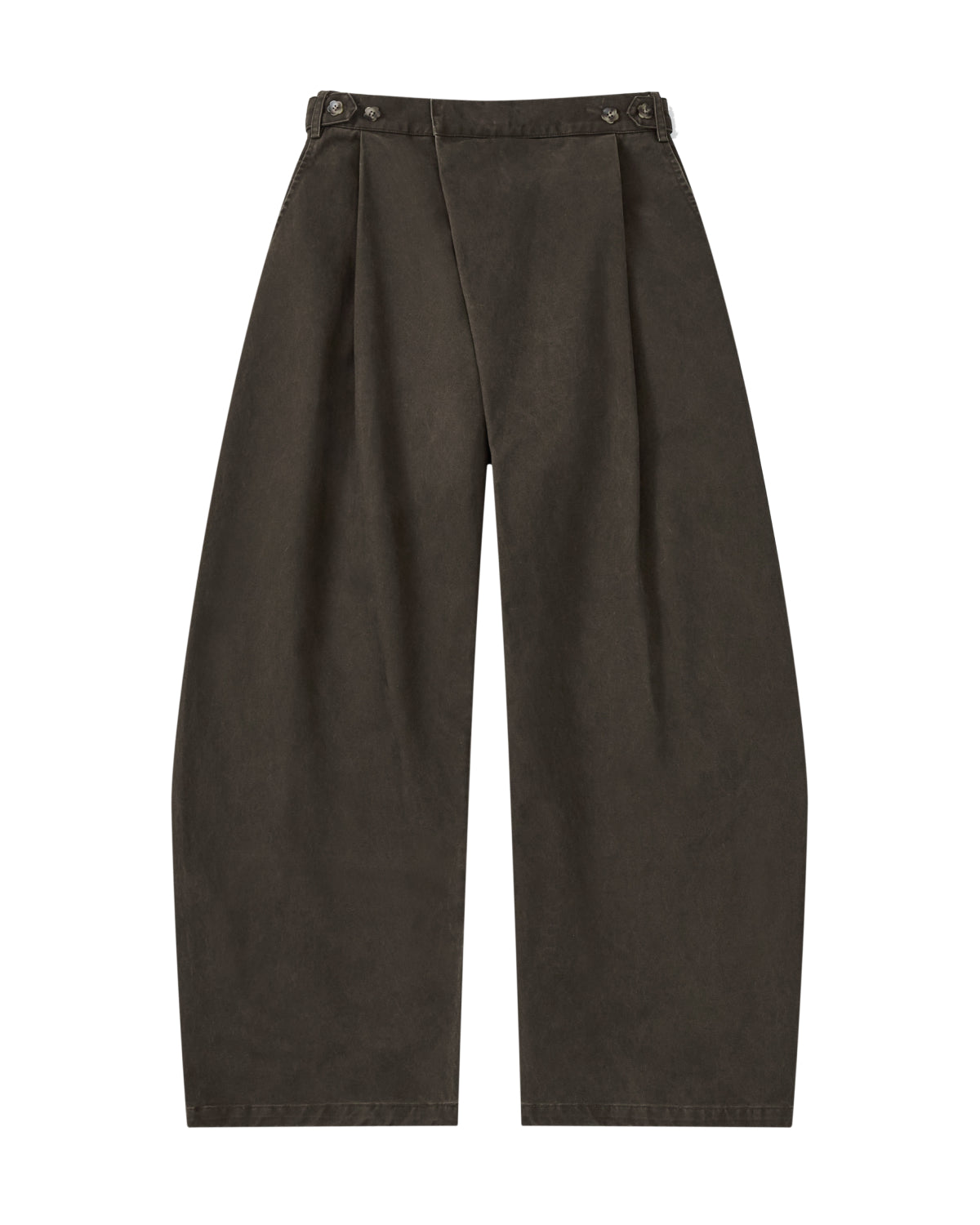 Dark brown SOIL HANBOK CHINO PANTS with a barrel-fit, wrap-front waist, pleats, and side-button closures.