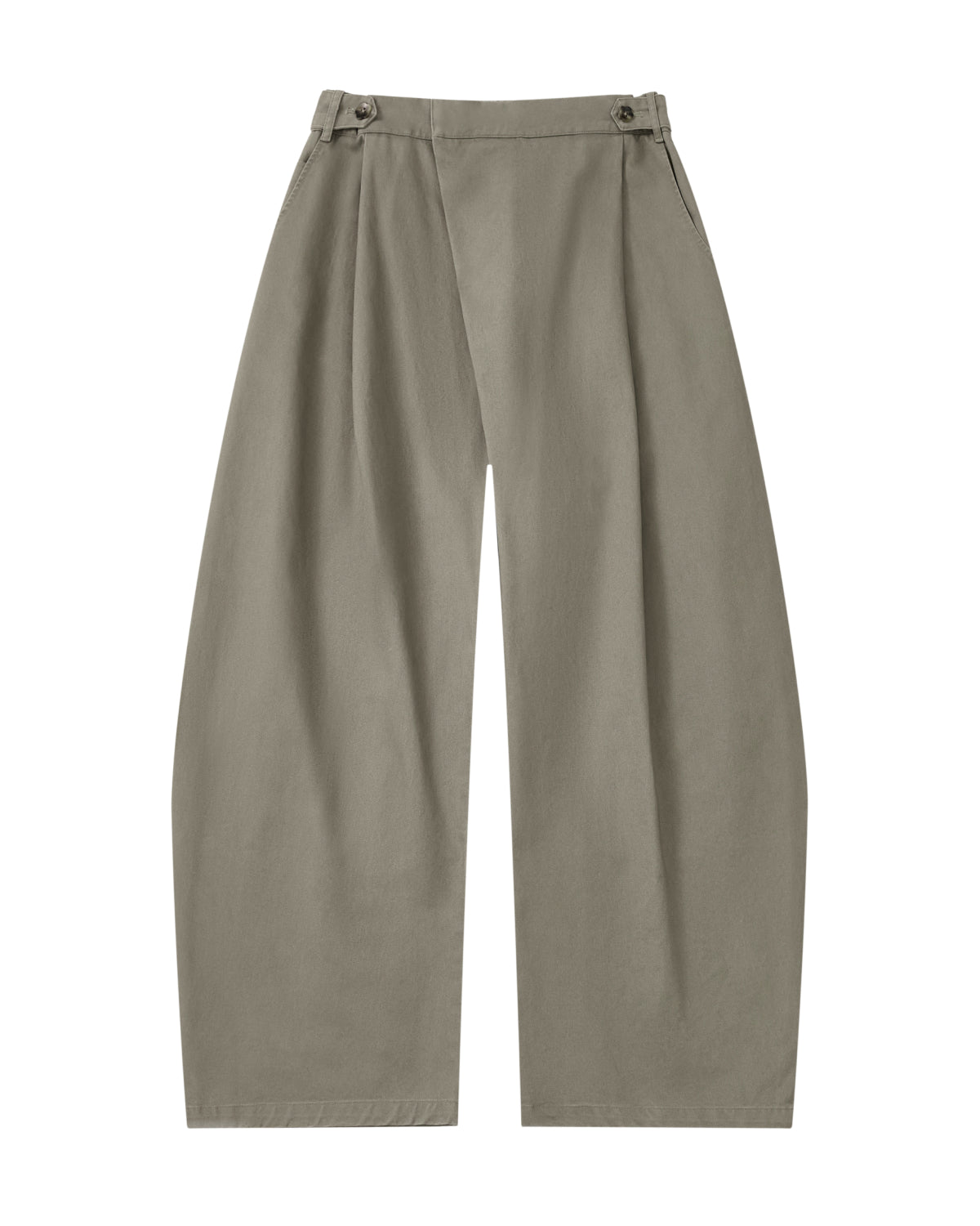 STONE KIEF HANBOK CHINO PANTS in taupe, featuring a barrel-fit, high waist, buttoned side tabs, and a wrap-style front panel.