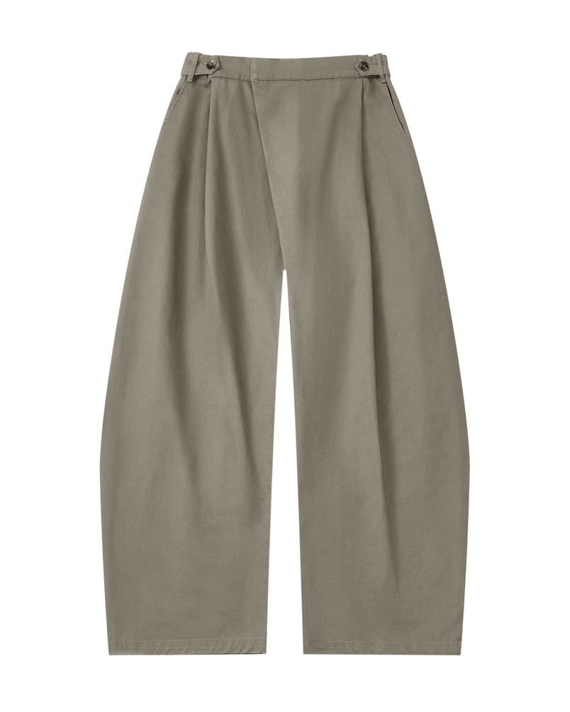 STONE KIEF HANBOK CHINO PANTS in taupe, featuring a barrel-fit, high waist, buttoned side tabs, and a wrap-style front panel.