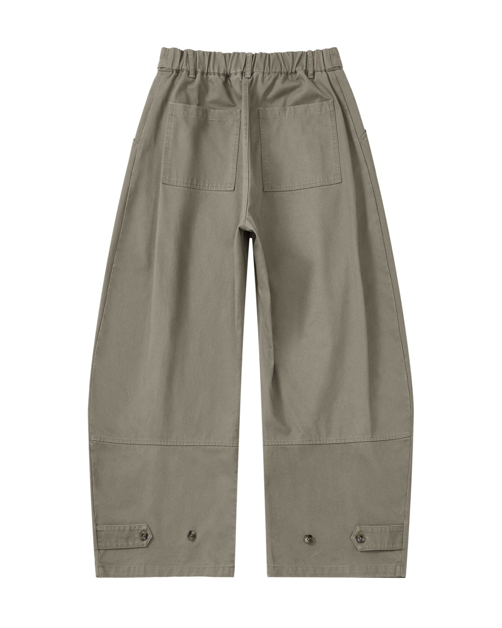 STONE KIEF HANBOK CHINO PANTS in olive green, featuring a barrel-fit silhouette, elastic waistband, back pockets, and button-tab details at the cuffs.