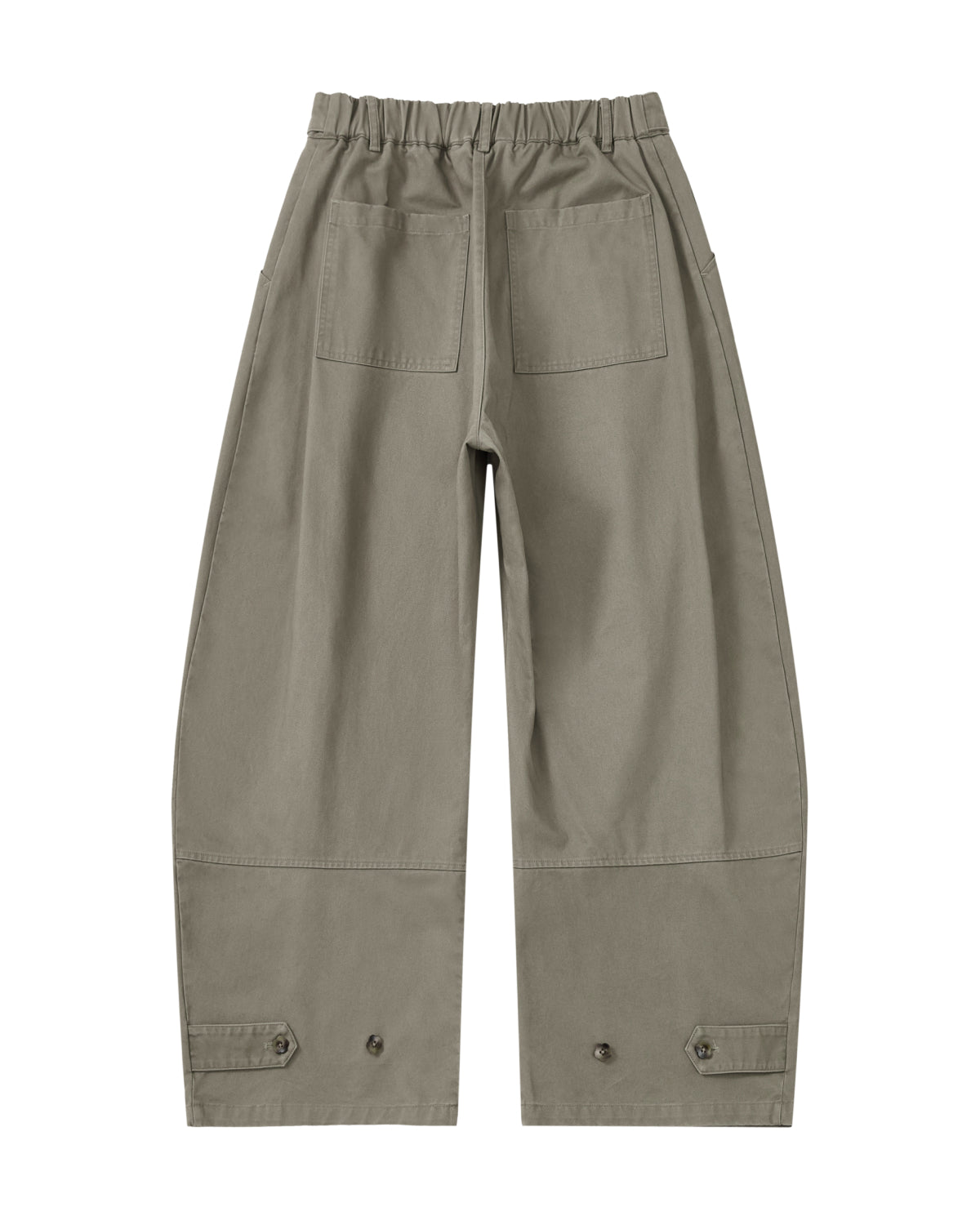 STONE KIEF HANBOK CHINO PANTS in olive green, featuring a barrel-fit silhouette, elastic waistband, back pockets, and button-tab details at the cuffs.