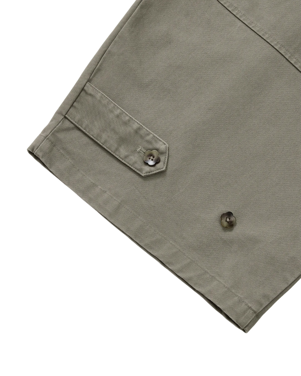STONE KIEF HANBOK CHINO PANTS in olive with a barrel-fit silhouette, featuring a leg tab secured by a flower-shaped button.