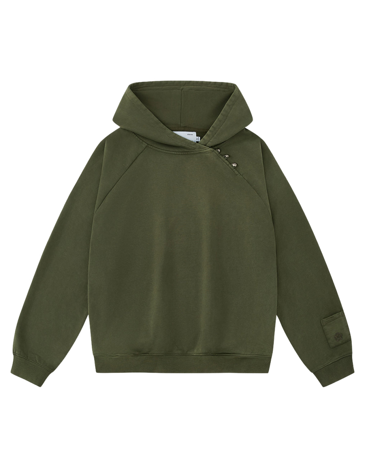 The KHAKI HANBOK HOODIE by Sundae School is an olive green hooded sweatshirt with long sleeves, featuring an asymmetric hood closure with snap buttons on the right shoulder and a patch on the left sleeve. This custom “떨” logo hoodie also includes a signature sleeve stash pocket, and is shown laid flat on a white background.