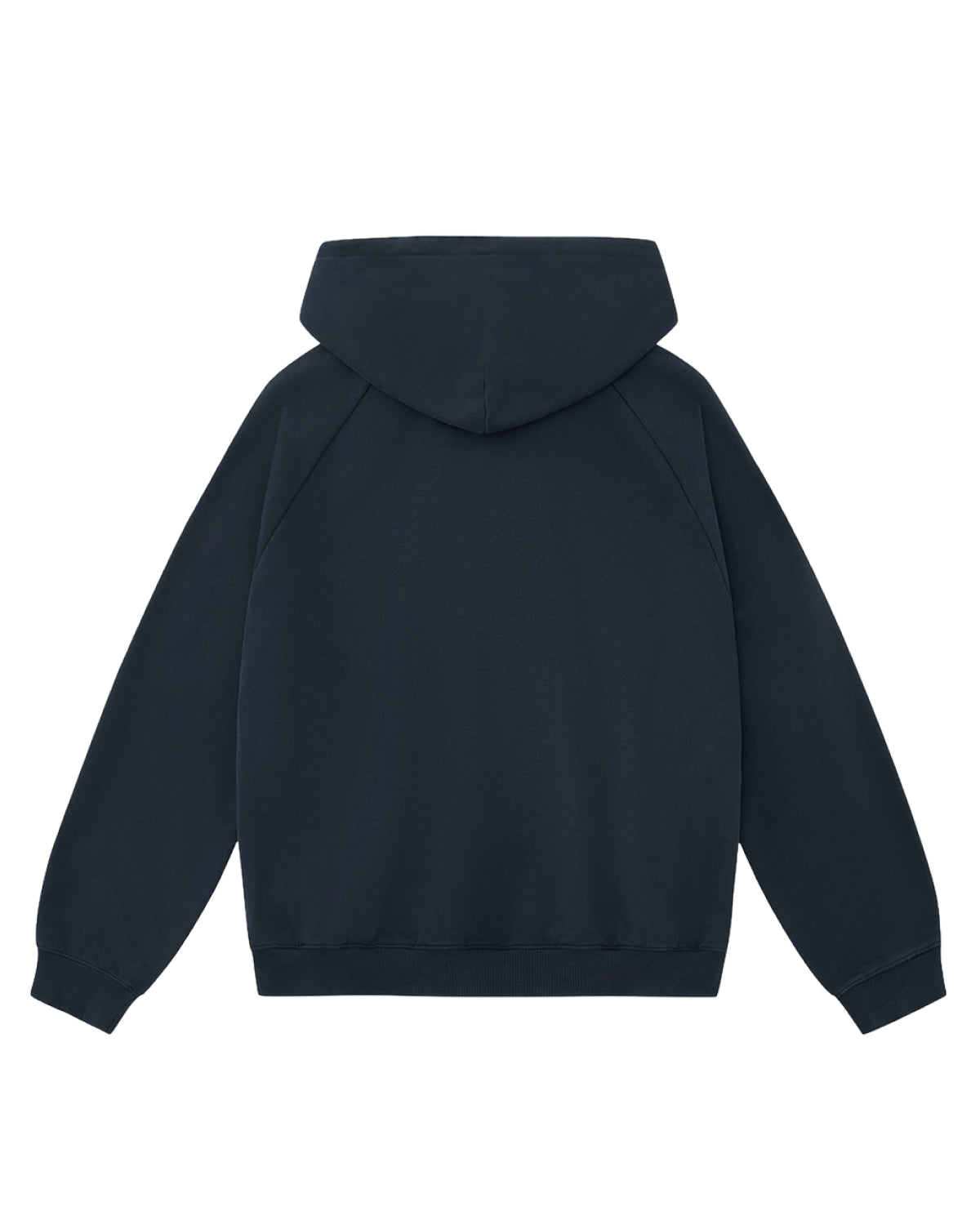 The INDIGO WASH HANBOK HOODIE by Sundae School is shown from the back, highlighting its plain, deep navy hue. This minimalist piece features long sleeves, ribbed cuffs and hem, and no visible logos or designs—aside from its signature sleeve stash pocket that adds a subtle touch of utility.