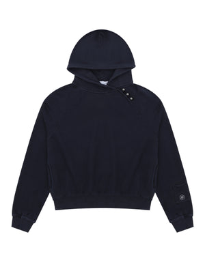 Sundae School’s NAVY WASH HANBOK HOODIE features an oversized hood, long sleeves, ribbed cuffs and hem, and three buttons on the left shoulder. Made from custom cotton, it is finished with a small embroidered patch near the left cuff.