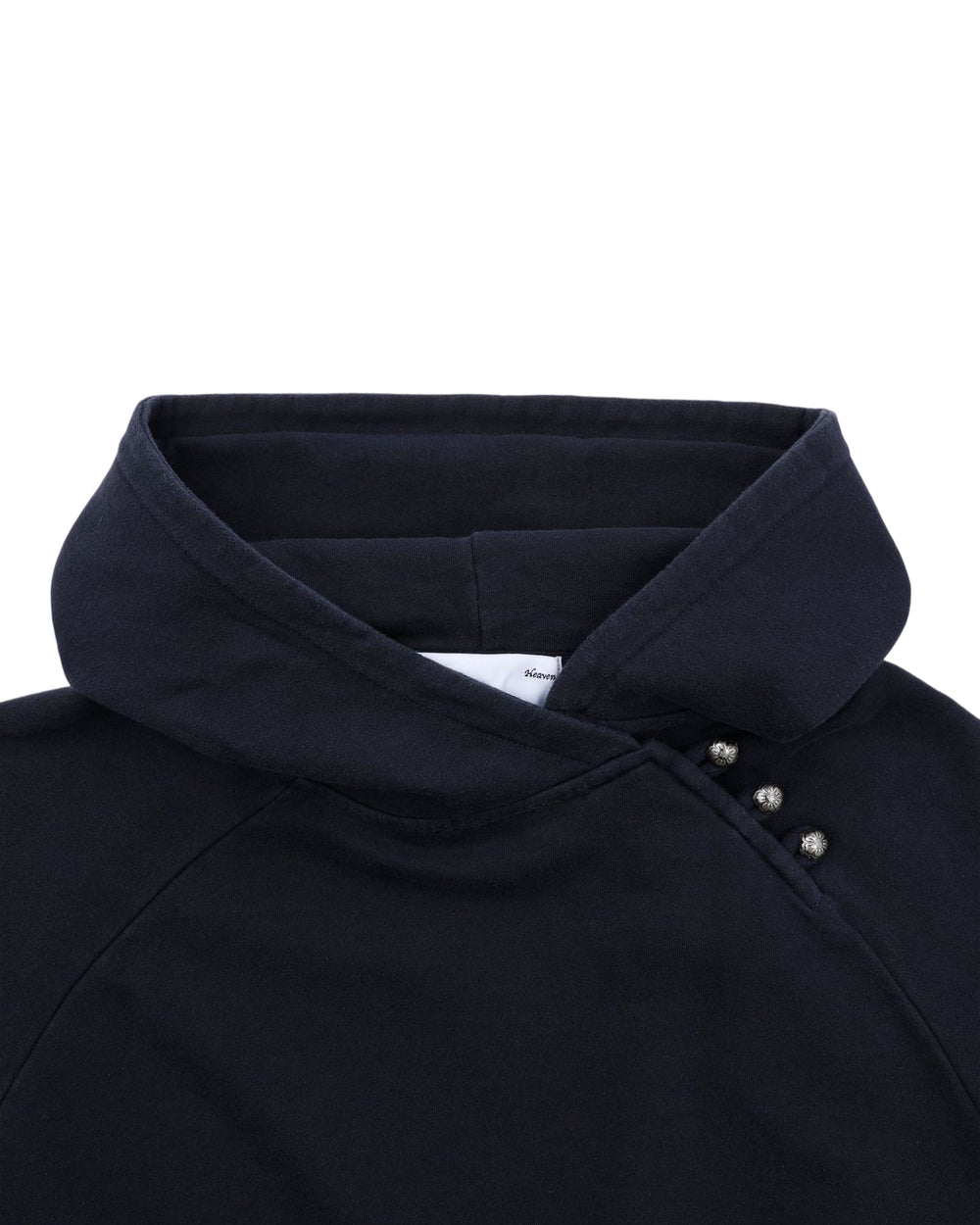 Close-up of the Sundae School NAVY WASH HANBOK HOODIE, featuring a high collar and three metallic buttons on the right shoulder. Crafted from custom cotton, the soft, thick fabric evokes contemporary Hanbok Hoodie designs.