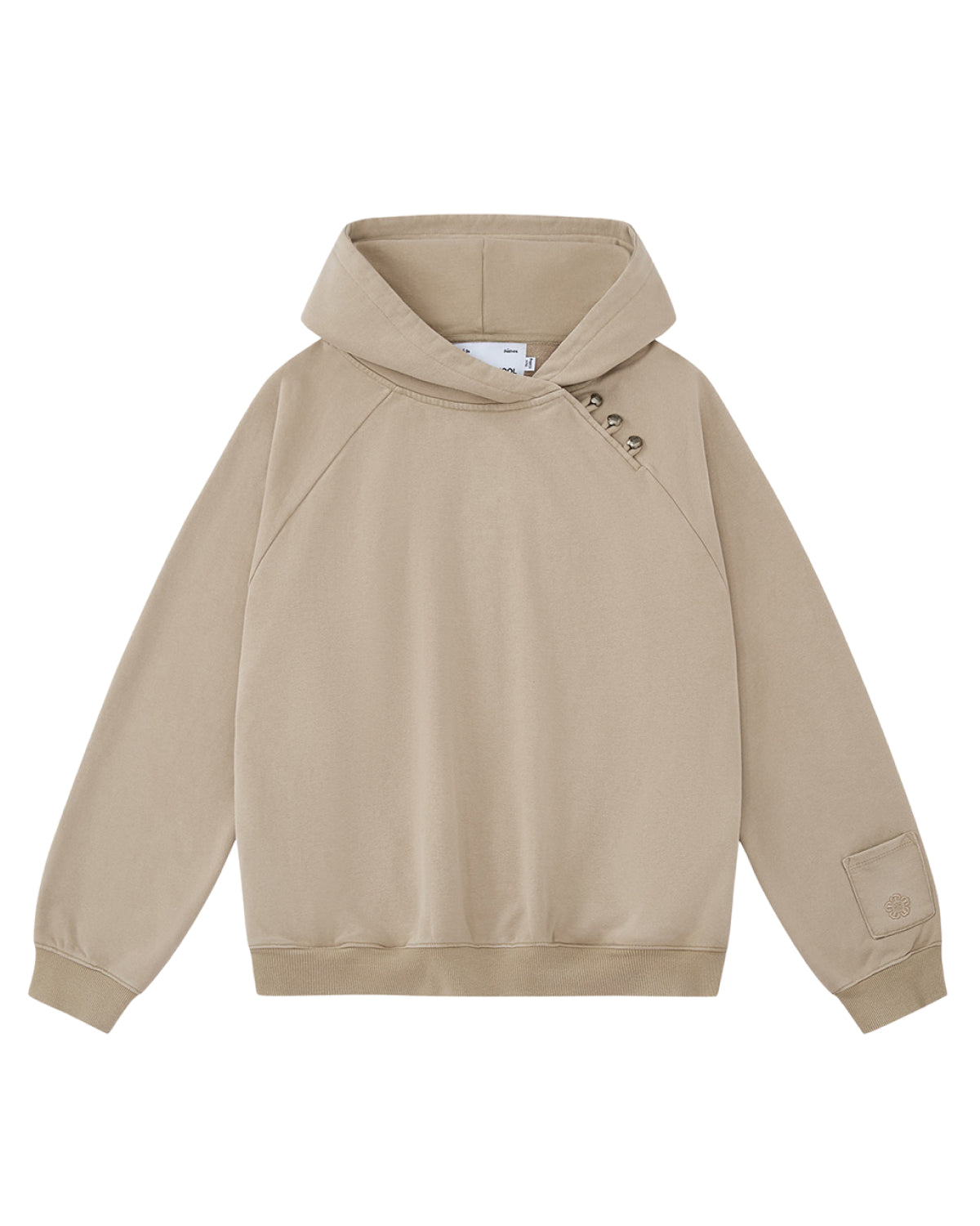 The TAUPE HANBOK HOODIE by Sundae School is a beige hooded sweatshirt featuring an asymmetric hood closure with three snap buttons near the collar, long sleeves, ribbed cuffs and hem, and a signature stash pocket embroidered with a custom “떨” logo on the left sleeve. The hoodie is laid flat on a white background.