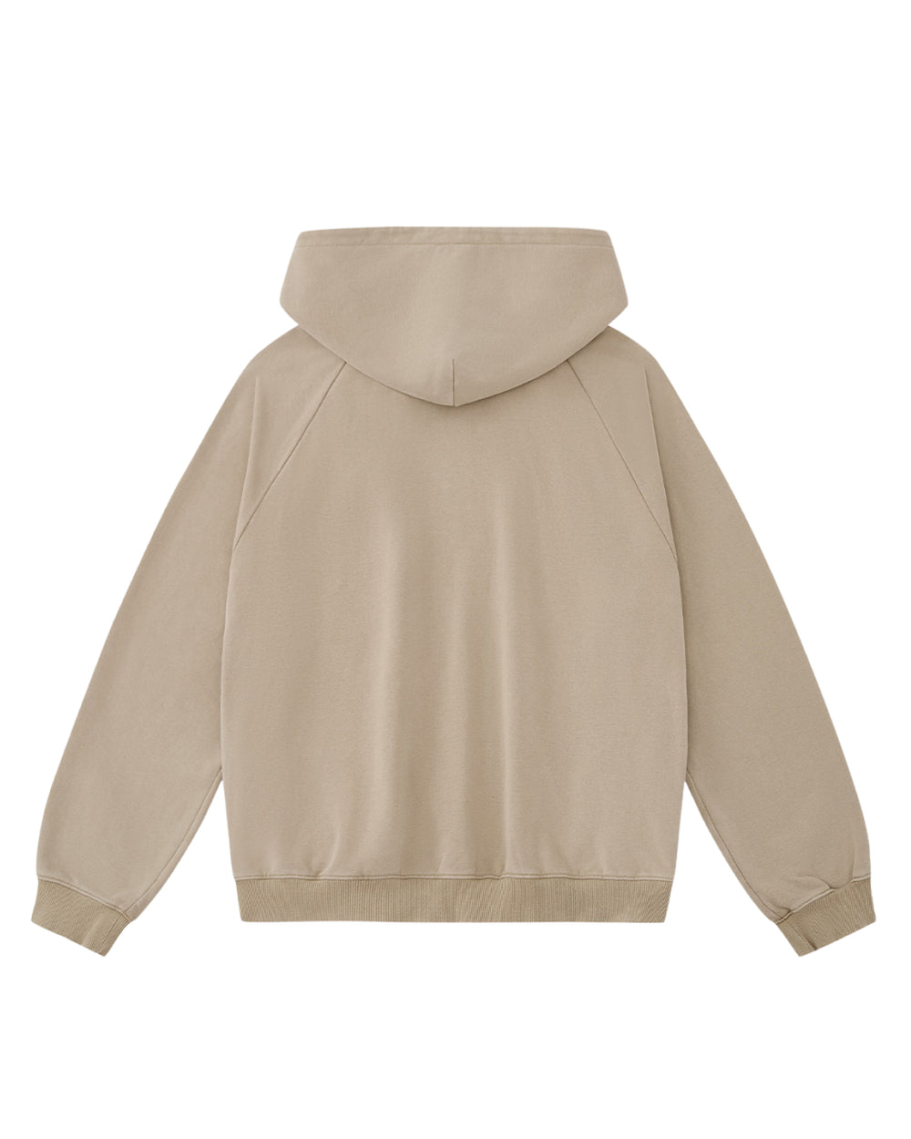 The Sundae School TAUPE HANBOK HOODIE is displayed from the back, laid flat, featuring long sleeves, ribbed cuffs and hem, a hood with an asymmetric closure, and the signature stash pocket.