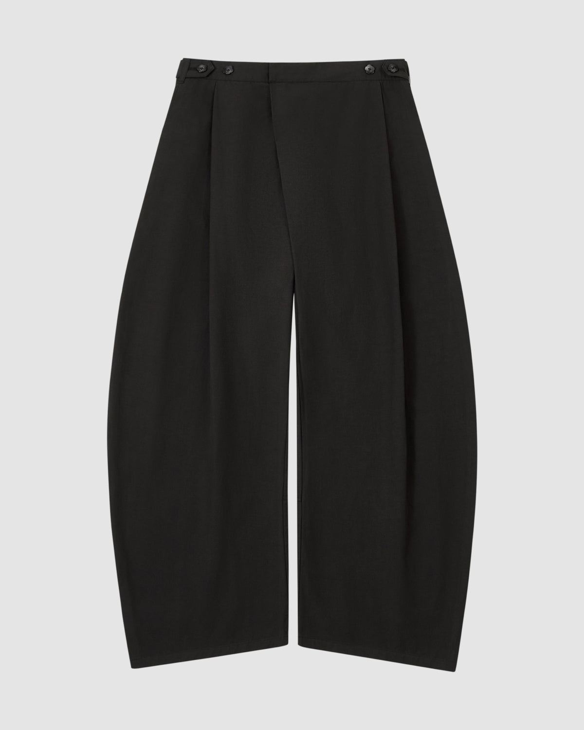 The BLACK HANBOK LINEN PANTS by Sundae School feature a wide barrel leg, high waist, pleats, and button details at the waistband, shown flat on a plain light background.