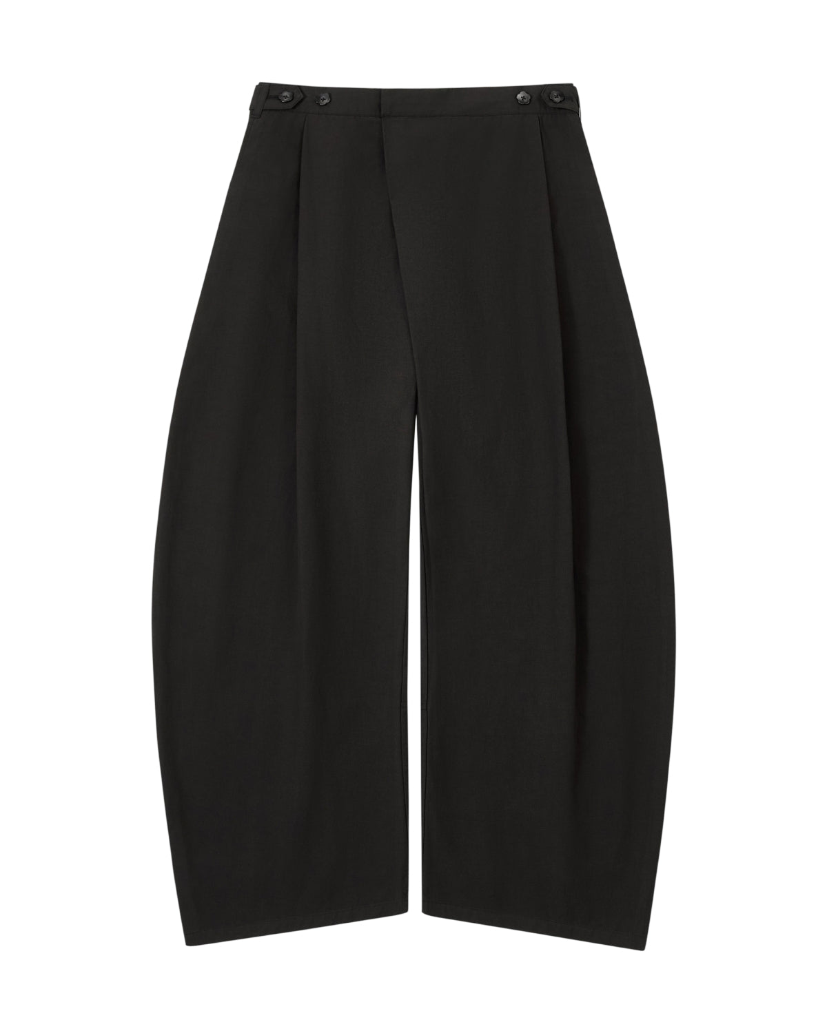 Introducing the BLACK HANBOK LINEN PANTS by Sundae School—crafted from a matte, structured fabric, these high-waisted black trousers feature elegant side button details and front pleats. Designed with a wide barrel leg and a distinctive curved, balloon-like silhouette inspired by classic cotton linen balloon pants, they bring elevated style to any look.