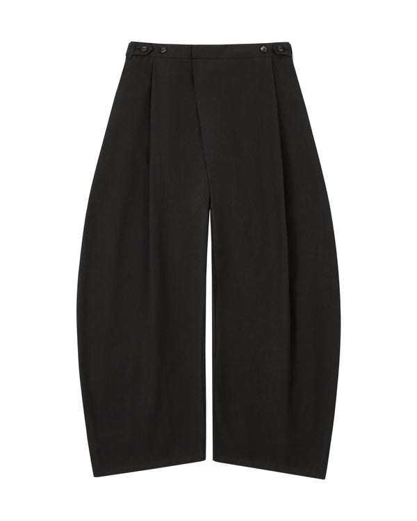 Introducing the BLACK HANBOK LINEN PANTS by Sundae School—crafted from a matte, structured fabric, these high-waisted black trousers feature elegant side button details and front pleats. Designed with a wide barrel leg and a distinctive curved, balloon-like silhouette inspired by classic cotton linen balloon pants, they bring elevated style to any look.