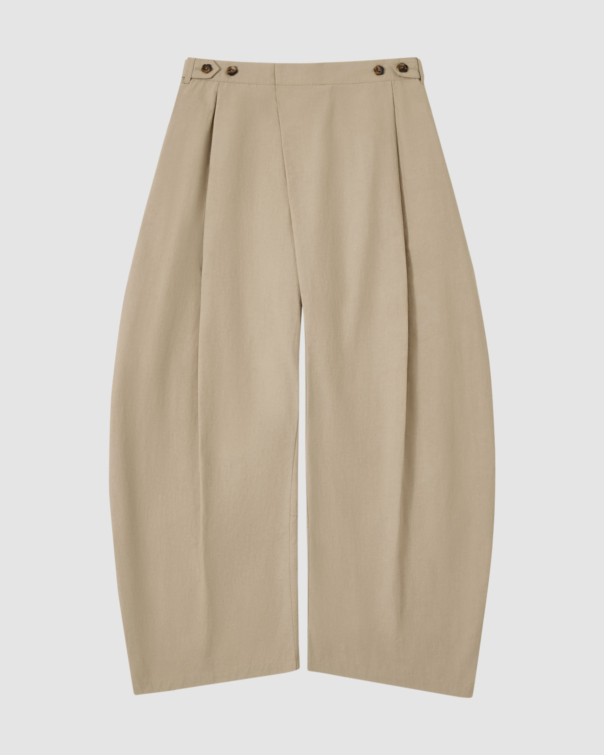 The Sundae School WHEAT HANBOK LINEN PANTS feature a beige cotton-linen blend, high waist, front pleats, wide barrel leg, and adjustable buttoned waistband, shown flat on a white background.