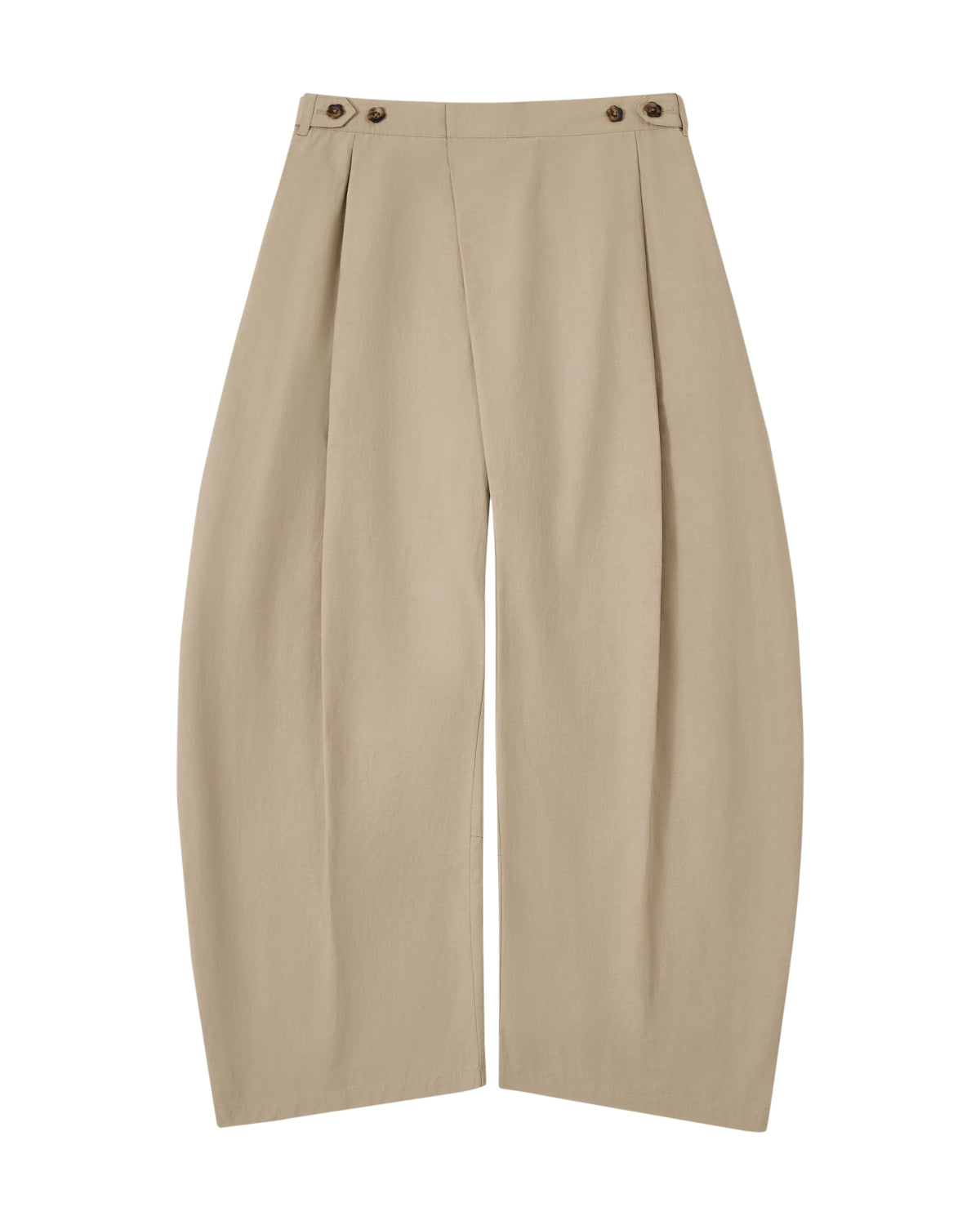 Introducing the WHEAT HANBOK LINEN PANTS by Sundae School—crafted from a comfortable cotton-linen blend, these beige pants feature front pleats, distinctive side button details at the waistband, and an adjustable waist for everyday comfort. Designed with a relaxed, loose fit and a modern wide barrel leg silhouette, they bring effortless versatility to your wardrobe.