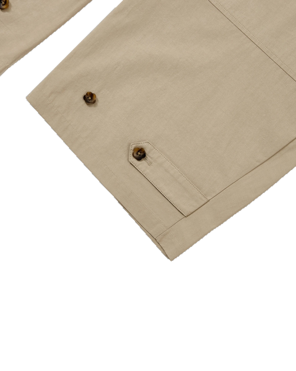 A close-up of the cuffs on Sundae School’s WHEAT HANBOK LINEN PANTS, featuring beige cotton-linen fabric, brown buttons, and decorative stitching, displayed against a white background.