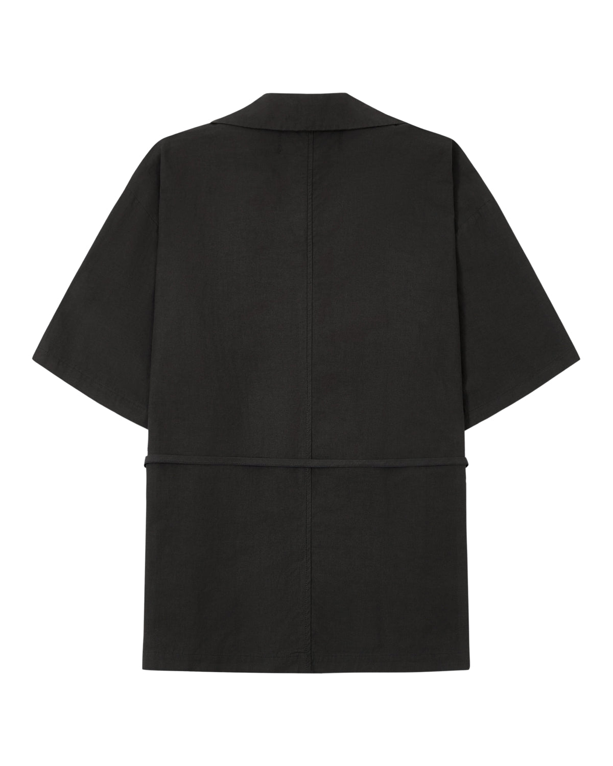 The BLACK HANBOK LINEN SHIRT by Sundae School is a black, short-sleeved, open-front jacket shown from the back. Drawing inspiration from summer hanbok styles, it features a straight fit with minimal seams and a clean, modern design free of visible buttons or embellishments.