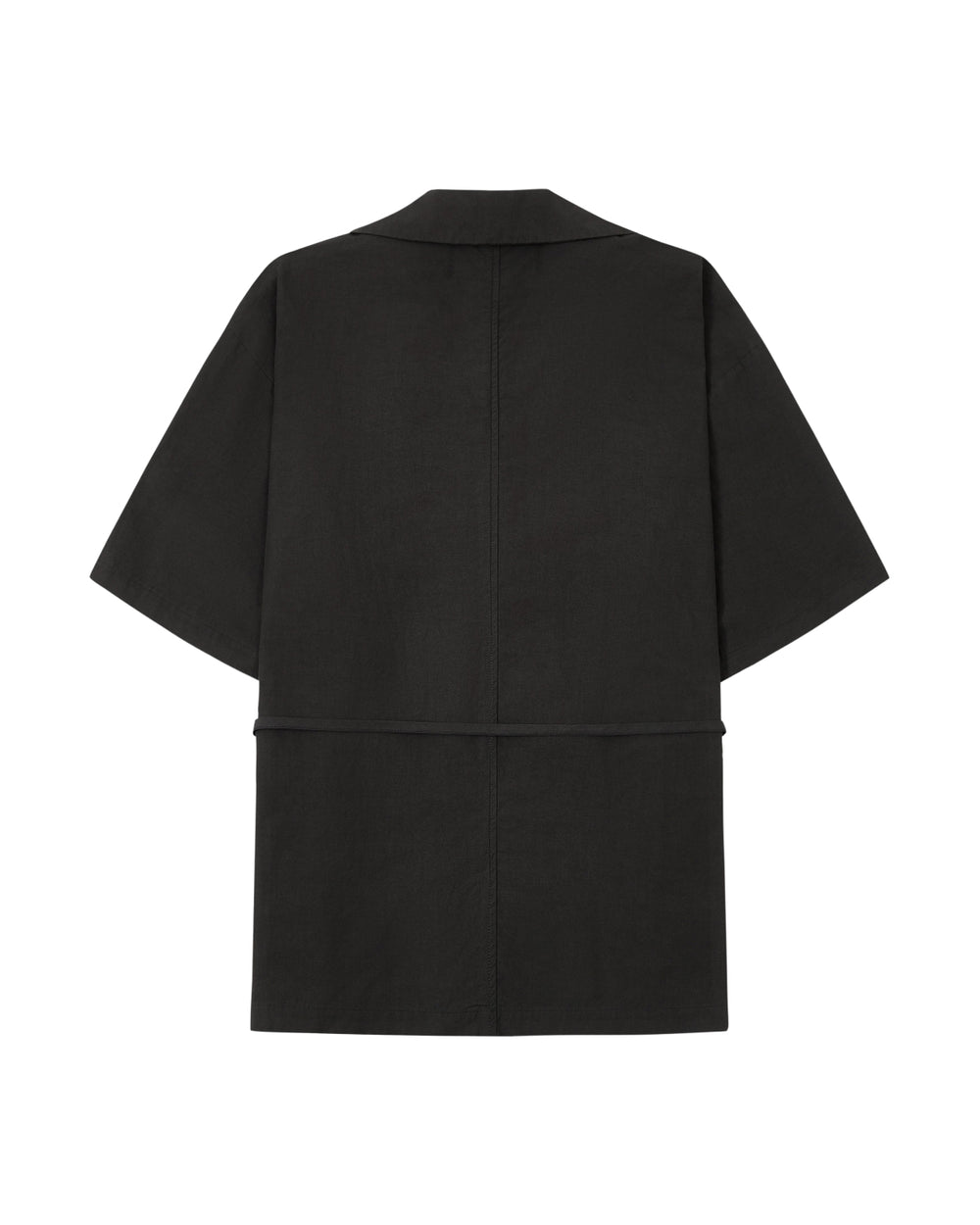 The BLACK HANBOK LINEN SHIRT by Sundae School is a black, short-sleeved, open-front jacket shown from the back. Drawing inspiration from summer hanbok styles, it features a straight fit with minimal seams and a clean, modern design free of visible buttons or embellishments.