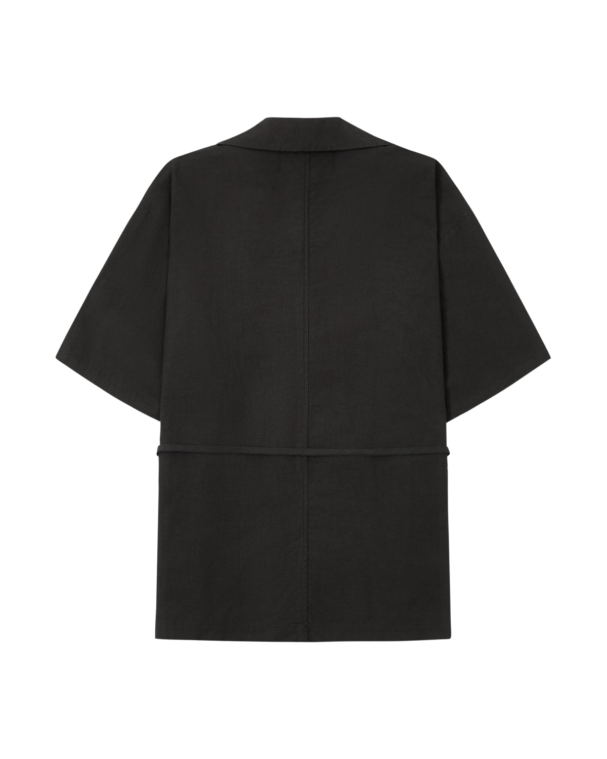 The BLACK HANBOK LINEN SHIRT by Sundae School is a black, short-sleeved, open-front jacket shown from the back. Drawing inspiration from summer hanbok styles, it features a straight fit with minimal seams and a clean, modern design free of visible buttons or embellishments.