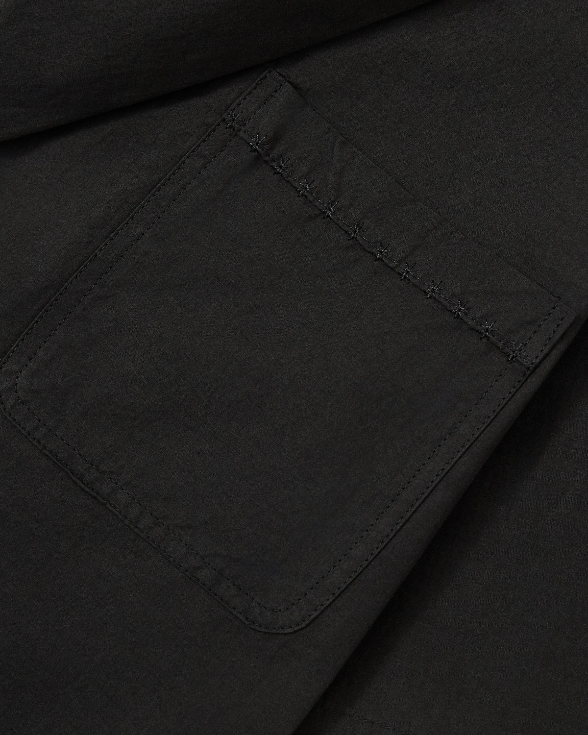 Close-up of the BLACK HANBOK LINEN SHIRT by Sundae School, featuring black fabric with a rectangular patch pocket and detailed stitching along the edges—ideal for adding modern style to your lightweight summer hanbok.