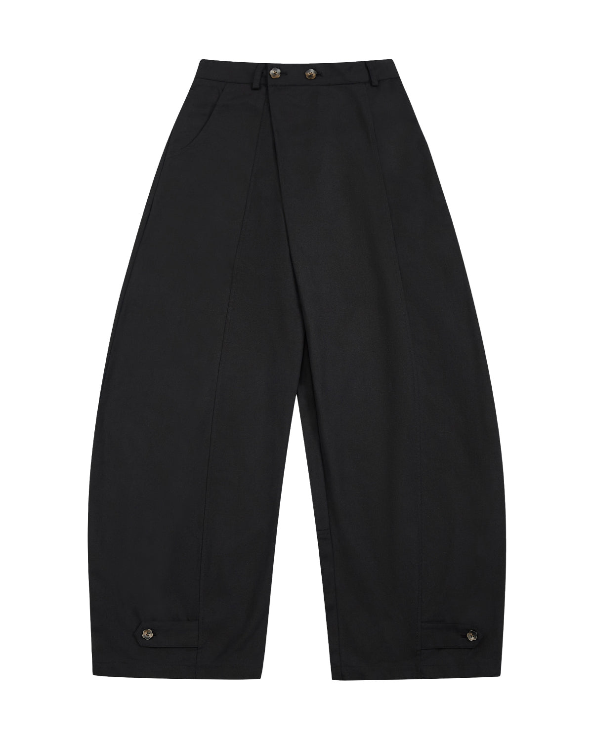 The BLACK HANBOK BALLOON PANTS by Sundae School are crafted from 100% cotton in black. These wide-leg pants are inspired by traditional Hanbok silhouettes and feature front pleats, side pockets, and button closures at the waist and ankle cuffs. Shown here flat on a white background.