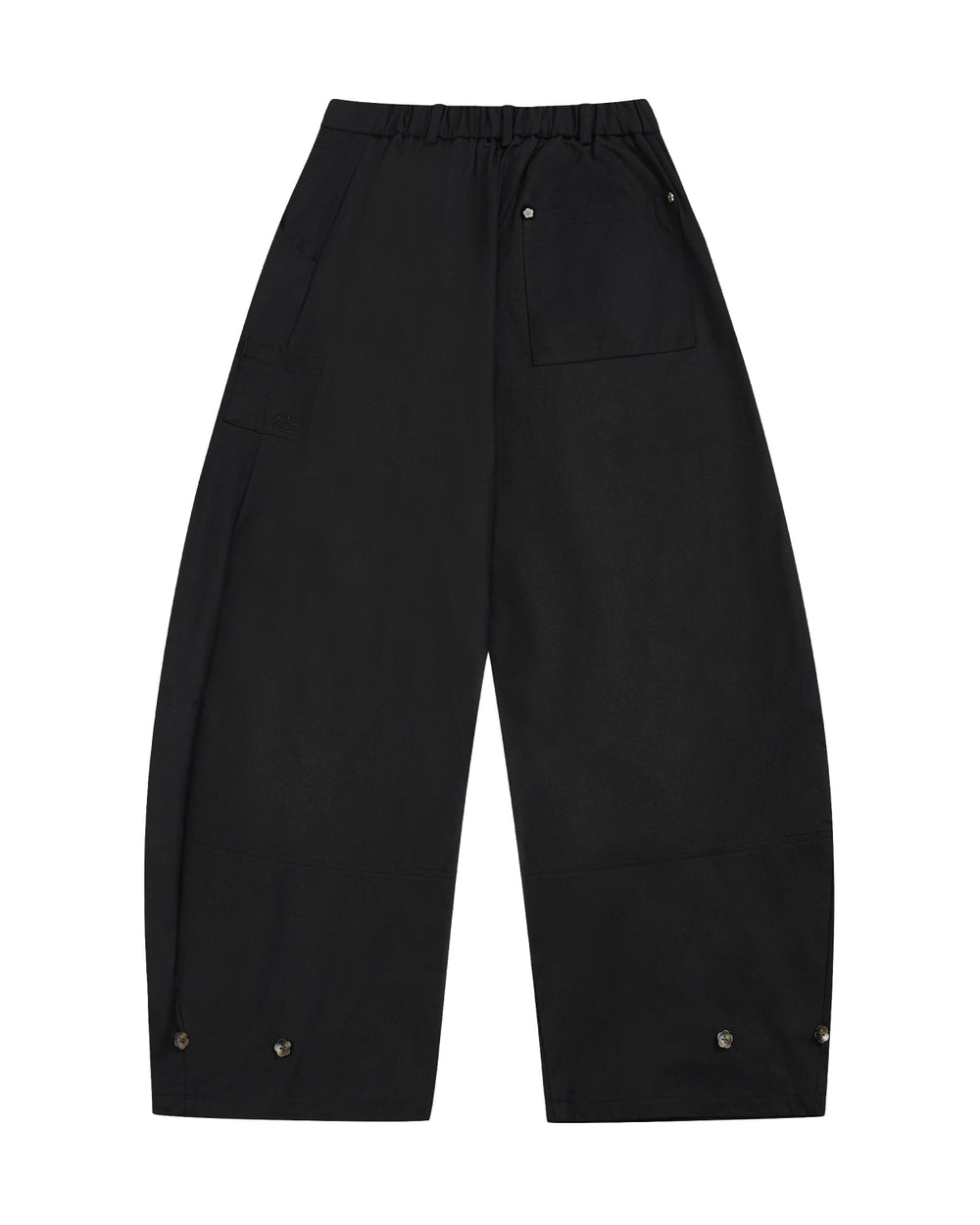 The BLACK HANBOK BALLOON PANTS by Sundae School feature a hanbok-inspired wide-leg silhouette with an elastic waistband, side and back pockets, and snap buttons at the bottom of each leg. Made from 100% cotton, the pants are displayed laid flat on a white background.