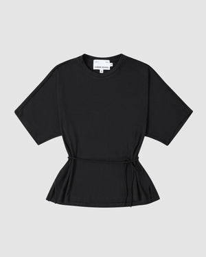 The BLACK BAERAE T-SHIRT by Sundae School is a black short-sleeve Hanbok-inspired tee with a round neckline and waist tie, shown laid flat on a light grey background.