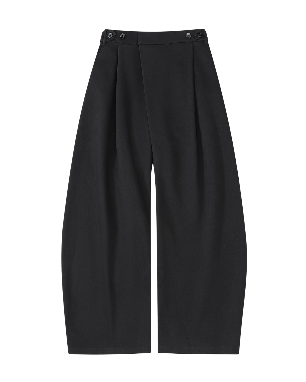 The BLACK HANBOK CHINO PANTS by Sundae School are relaxed, barrel-fit black pants featuring a high waist, front pleats, and button details on the waistband. Crafted from washed cotton chino for a soft feel, they are displayed against a white background.