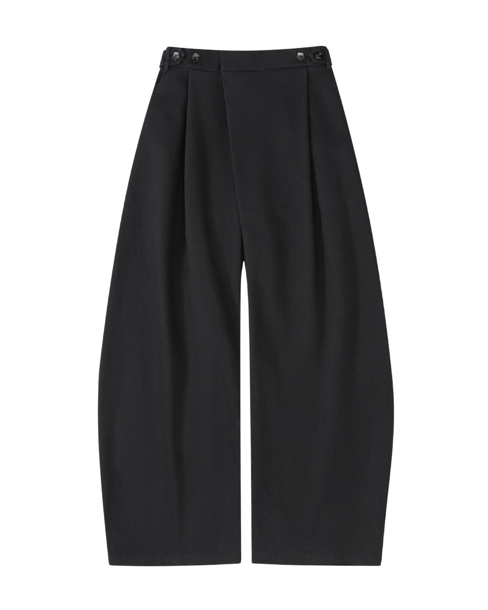 The BLACK HANBOK CHINO PANTS by Sundae School are relaxed, barrel-fit black pants featuring a high waist, front pleats, and button details on the waistband. Crafted from washed cotton chino for a soft feel, they are displayed against a white background.