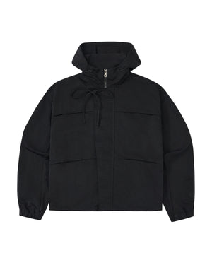 Black jacket with a hood on a white background