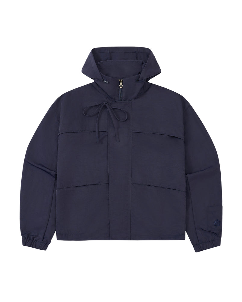 A dark navy blue hooded jacket with a drawstring neckline, front zipper, and large front pockets, shown against a plain white background.
