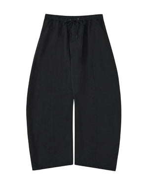 Black wide-leg cropped pants with an elastic drawstring waist, shown flat against a plain white background.