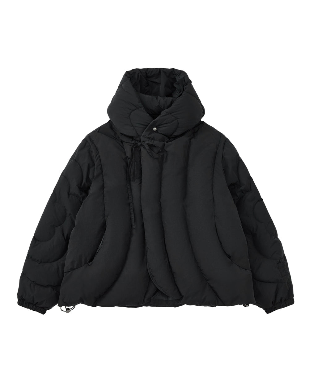 The BLACK HEAVYWEIGHT MOCHI PUFFER by Sundae School is a black, heavyweight puffer jacket featuring a high collar, large quilted sections, front button closures, side pockets, and elastic cuffs. Displayed against a plain white background, this jacket is filled with cozy duck down for enhanced warmth and comfort.