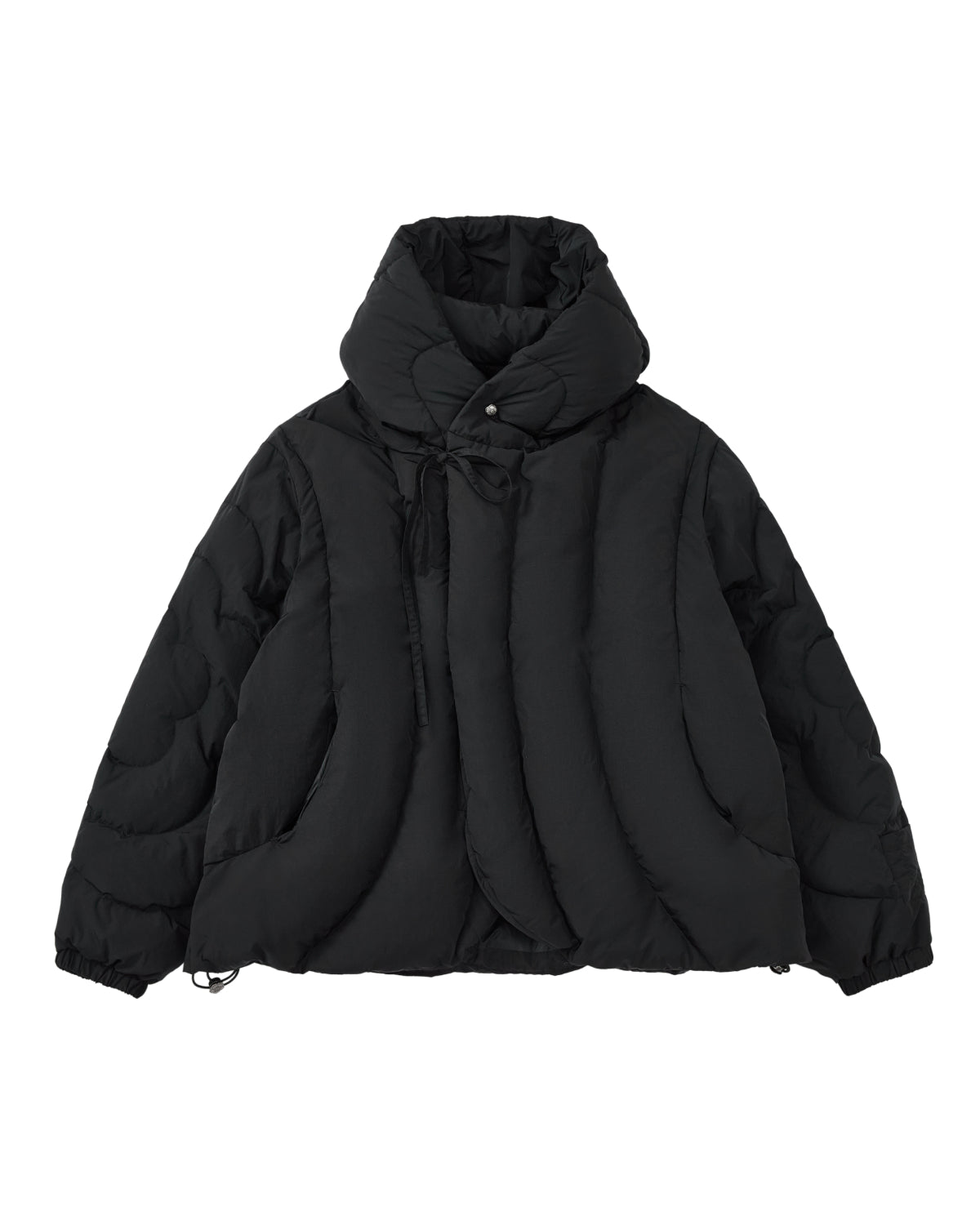 The BLACK HEAVYWEIGHT MOCHI PUFFER by Sundae School is a black, heavyweight puffer jacket featuring a high collar, large quilted sections, front button closures, side pockets, and elastic cuffs. Displayed against a plain white background, this jacket is filled with cozy duck down for enhanced warmth and comfort.