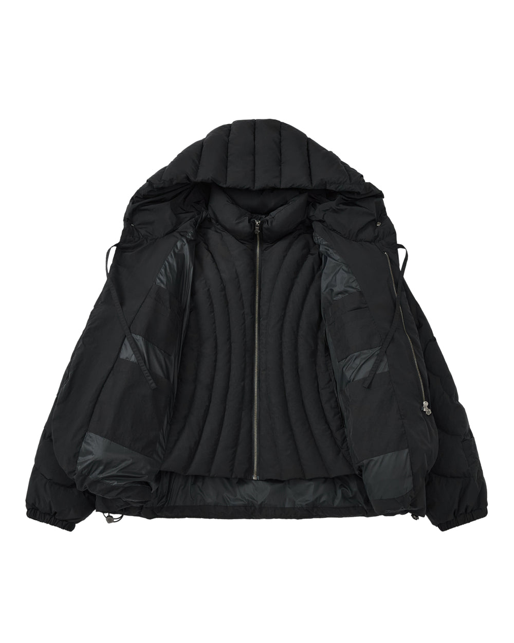 The BLACK HEAVYWEIGHT MOCHI PUFFER by Sundae School features a black, heavyweight design with a hood, fully unzipped to showcase its quilted interior and duck down fill, complete with drawstrings on each side.