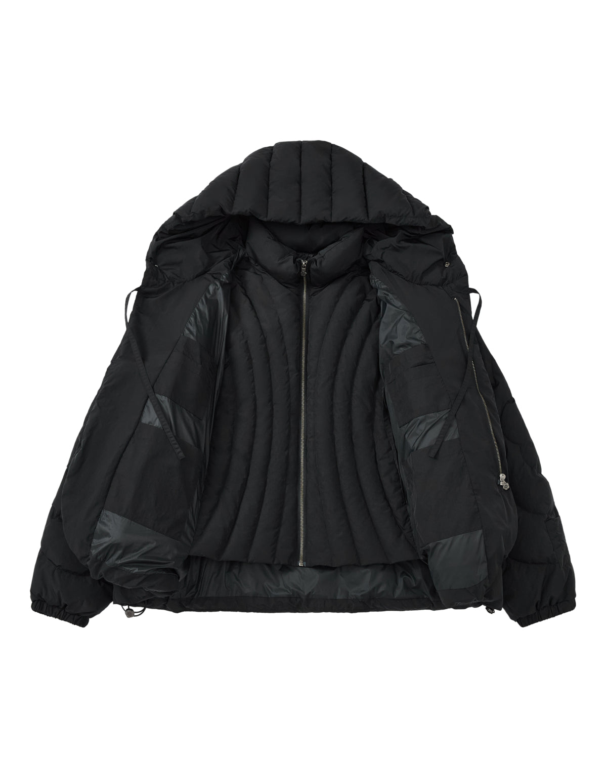 The BLACK HEAVYWEIGHT MOCHI PUFFER by Sundae School features a black, heavyweight design with a hood, fully unzipped to showcase its quilted interior and duck down fill, complete with drawstrings on each side.