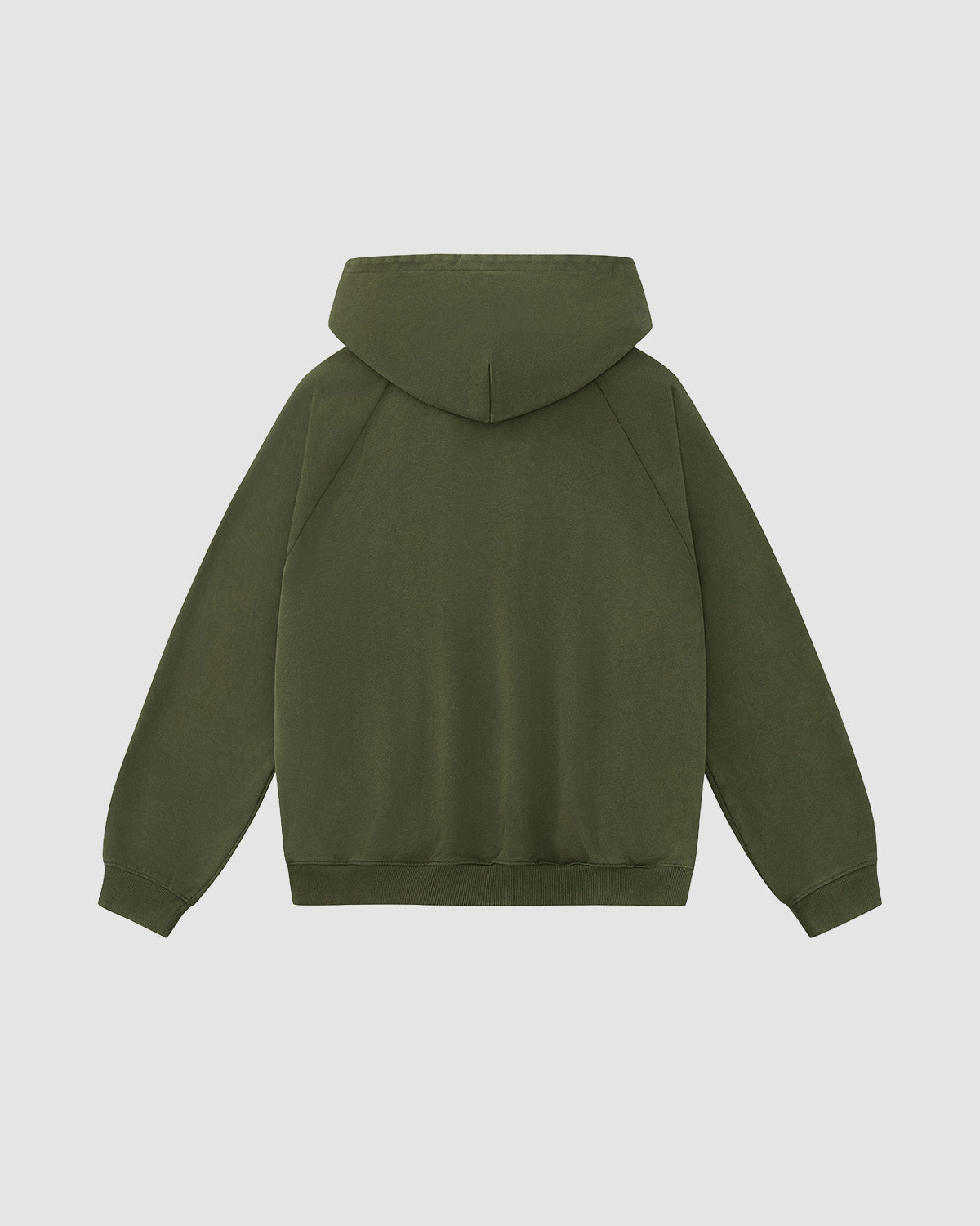 The Sundae School KHAKI HANBOK HOODIE is shown from the back on a light gray background. This olive green hoodie features long sleeves, a hood, ribbed cuffs and hem, and a signature stash pocket for convenience.