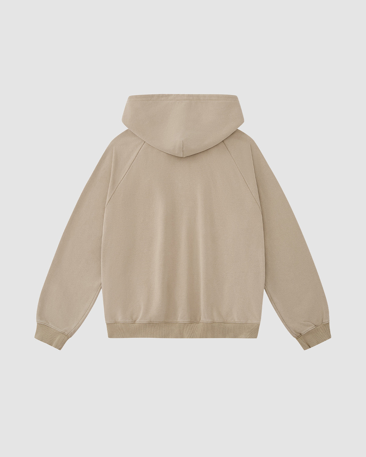 The Sundae School TAUPE HANBOK HOODIE is shown from the back, featuring long sleeves, ribbed cuffs and hem, a plain taupe design, and the brand’s signature sleeve stash pocket for added convenience and subtle style.