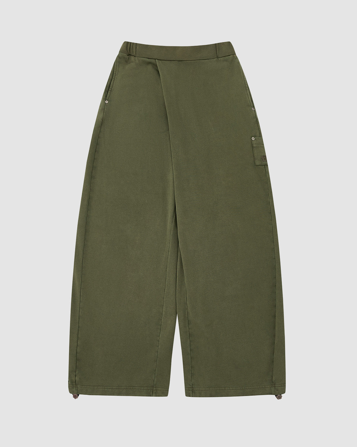 The Sundae School KHAKI WRAP SWEATBAJI features olive green, Hanbok-inspired wide-leg pants with a high waist, front pleat detail, side pockets, and a relaxed fit, shown laid flat on a light gray background.
