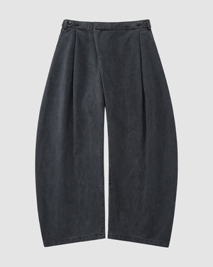 The CHARCOAL HANBOK CHINO PANTS by Sundae School feature a wide-leg, high-waist barrel-fit with front pleats, side button details, and heavy textured fabric for a modern hanbok-inspired silhouette against a plain white background.