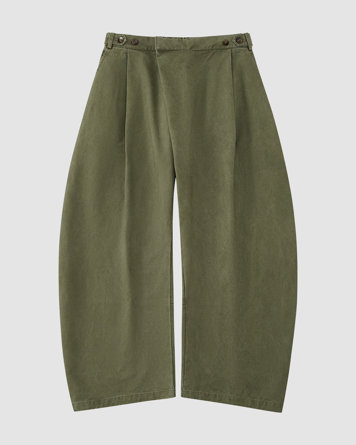 Sundae School OLIVE HANBOK CHINO PANTS feature an olive green hue, wide-leg hanbok-inspired silhouette, pleated waist, buttoned waistband, and a slightly cropped length, shown laid flat on a white background.