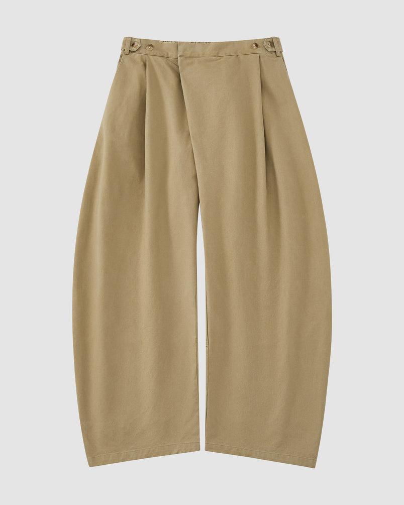 The OLIVE HANBOK CHINO PANTS by Sundae School feature a wide-leg, high-waisted barrel-fit chino silhouette with pleats and button details, inspired by classic hanbok styles, shown on a plain white background.