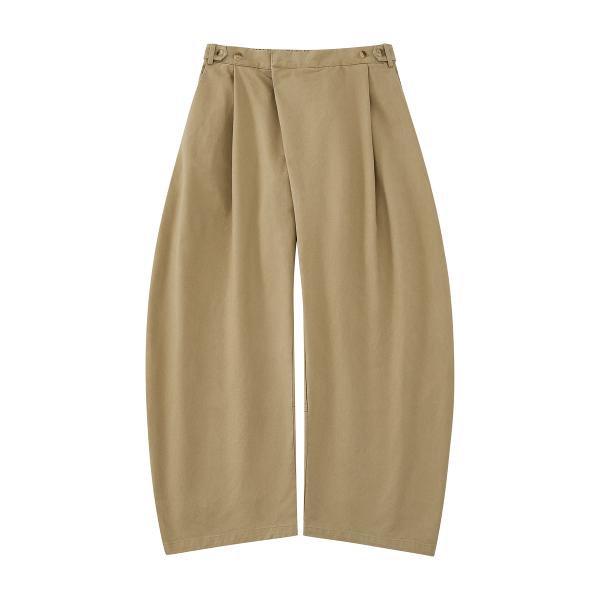 The Tan Hanbok Chino Pants by Sundae School feature a wide-leg, high-waisted barrel-fit chino silhouette with pleats and button details, inspired by classic hanbok styles, shown on a plain white background.