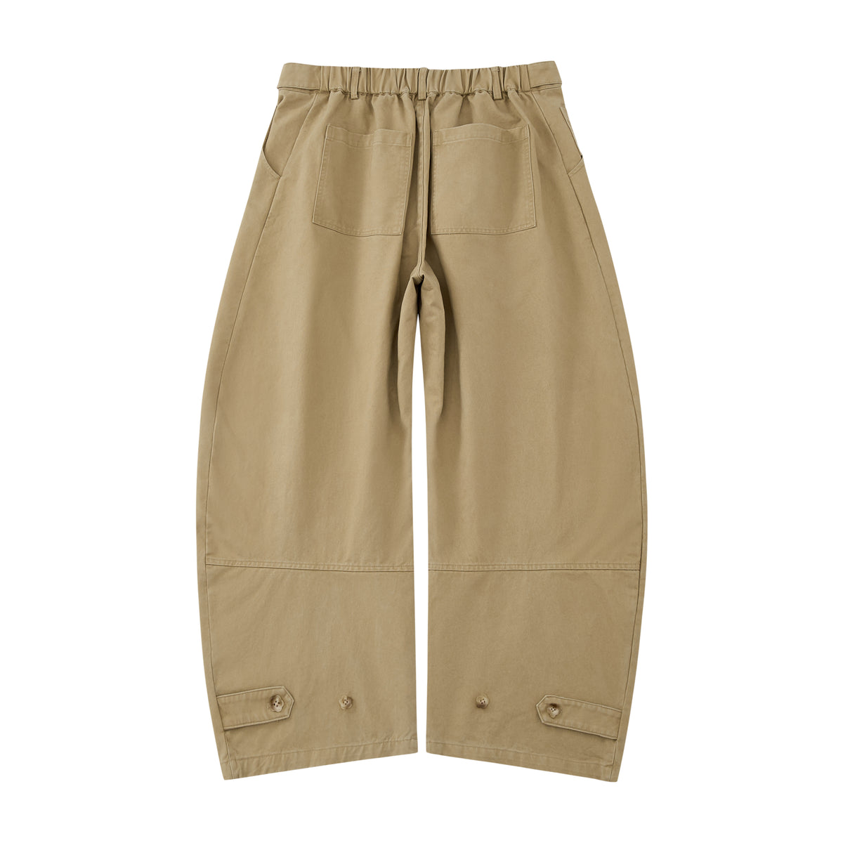 The Tan Hanbok Chino Pants by Sundae School feature a wide-leg, high-waisted barrel-fit chino silhouette with pleats and button details, inspired by classic hanbok styles, shown on a plain white background.