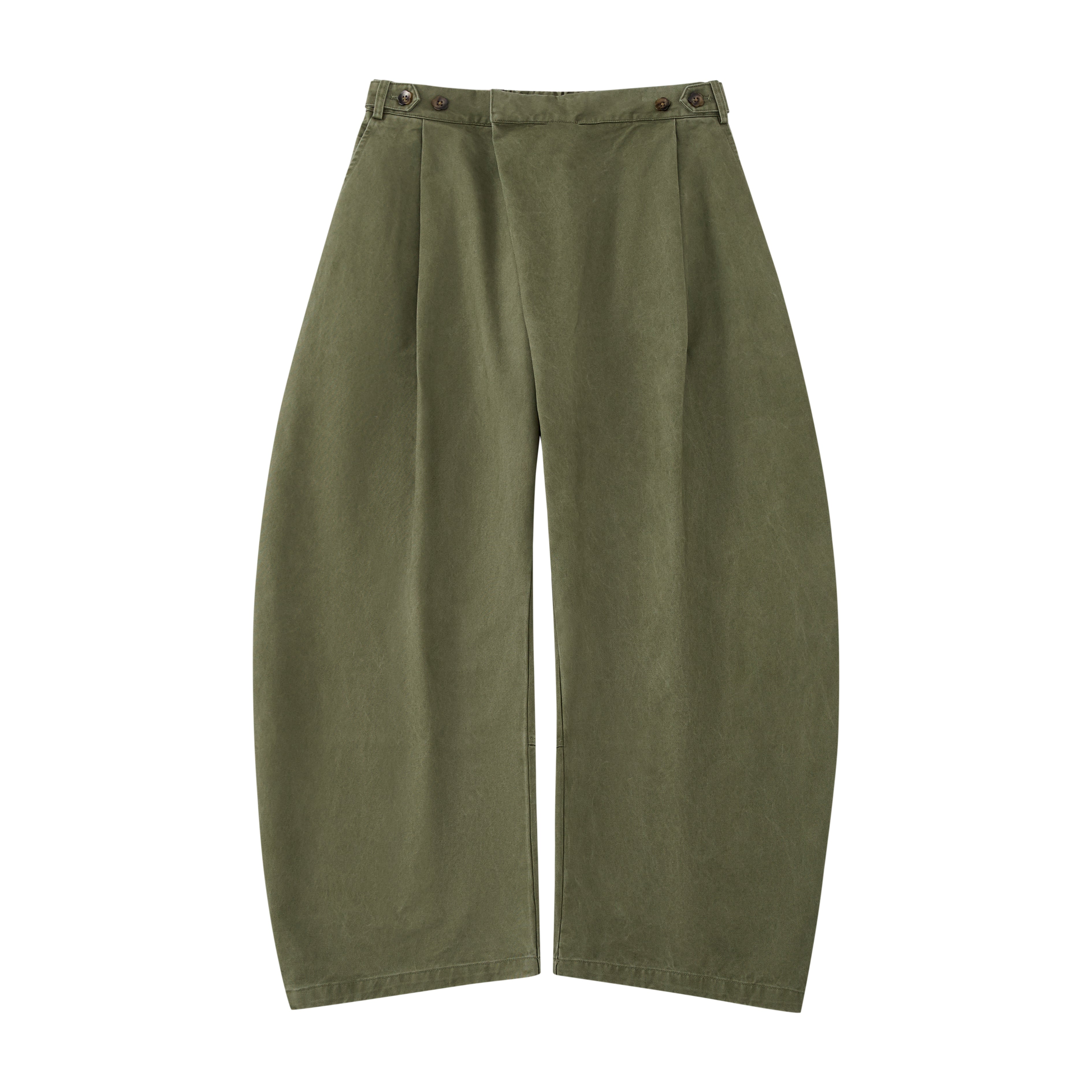 The Olive Hanbok Chino Pants by Sundae School feature a wide-leg, high-waisted barrel-fit chino silhouette with pleats and button details, inspired by classic hanbok styles, shown on a plain white background.