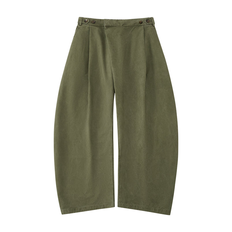 The Olive Hanbok Chino Pants by Sundae School feature a wide-leg, high-waisted barrel-fit chino silhouette with pleats and button details, inspired by classic hanbok styles, shown on a plain white background.