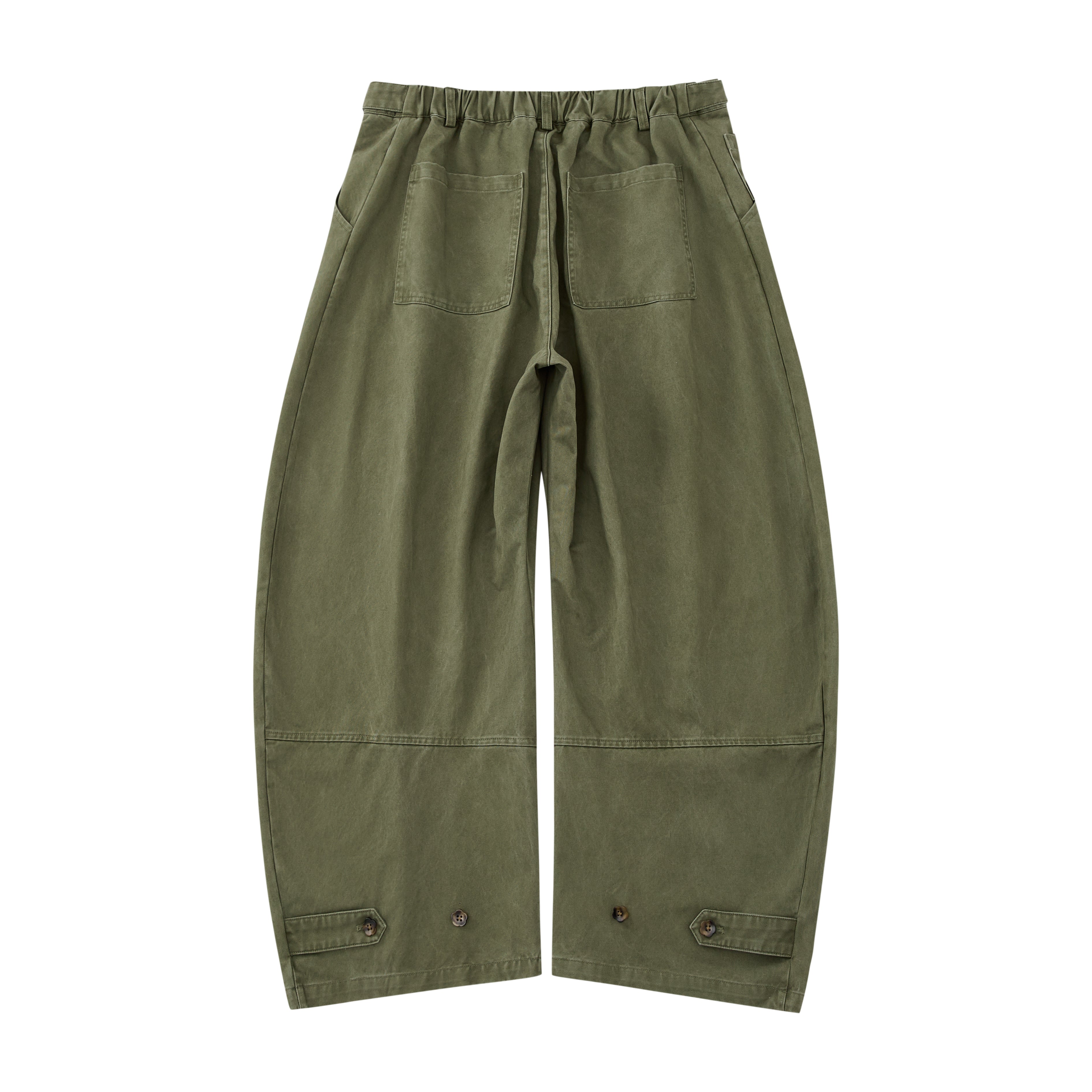 The Olive Hanbok Chino Pants by Sundae School feature a wide-leg, high-waisted barrel-fit chino silhouette with pleats and button details, inspired by classic hanbok styles, shown on a plain white background.